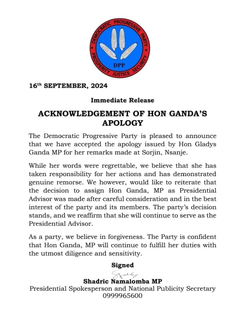 Democratic Progressive Party Accepts Ganda’s Apology